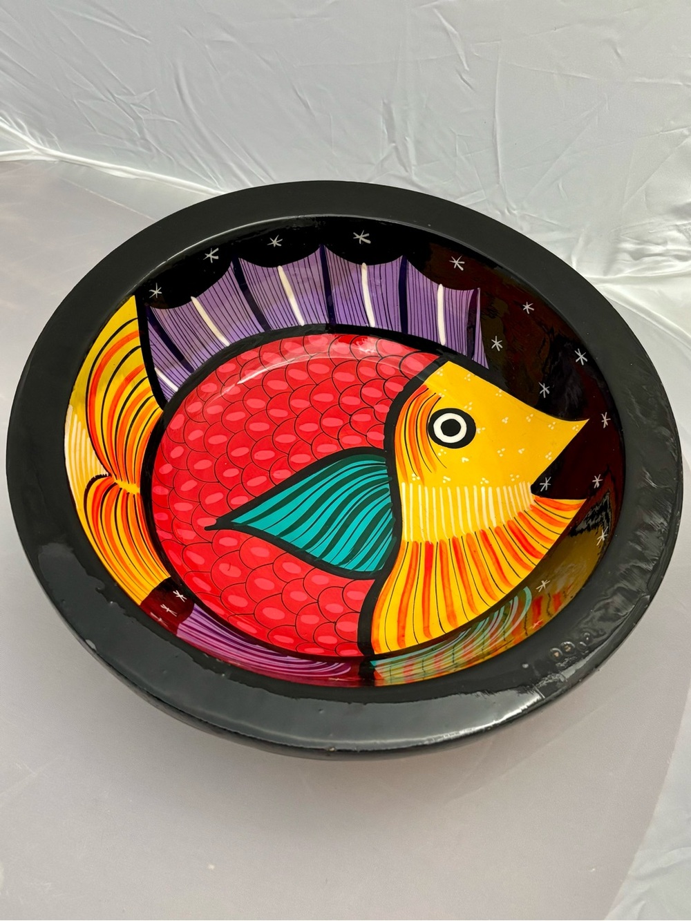 Vintage Hand-Painted Mexican Folk Art Fish Bowl Bright Colors Shiny Black Glaze
